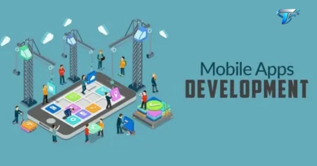 Mobile app development in Pakistan concept showing coding, mobile apps, and software engineers working on smartphones