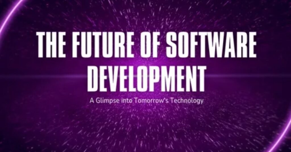 A futuristic digital concept showing the future of custom software development with AI, automation, and cloud-based systems.