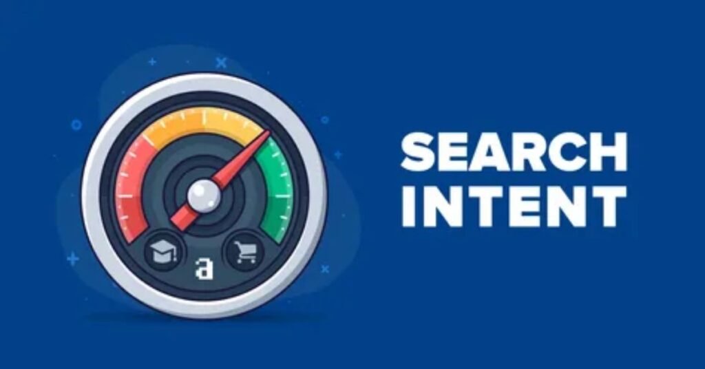 A digital illustration showing user search intent analysis and keyword research for SEO content strategy.