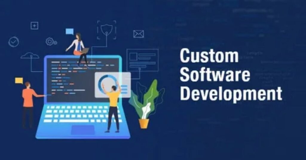 An illustration explaining what a custom software development agency does, including software design, development, and maintenance.
