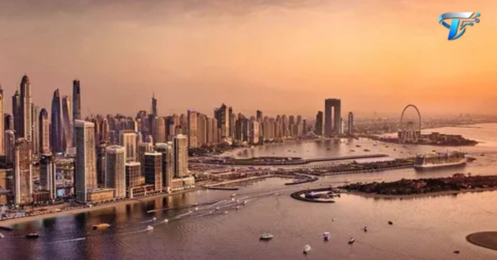 Dubai skyline with modern buildings and tech professionals working remotely, showing growing IT industry in 2026.
